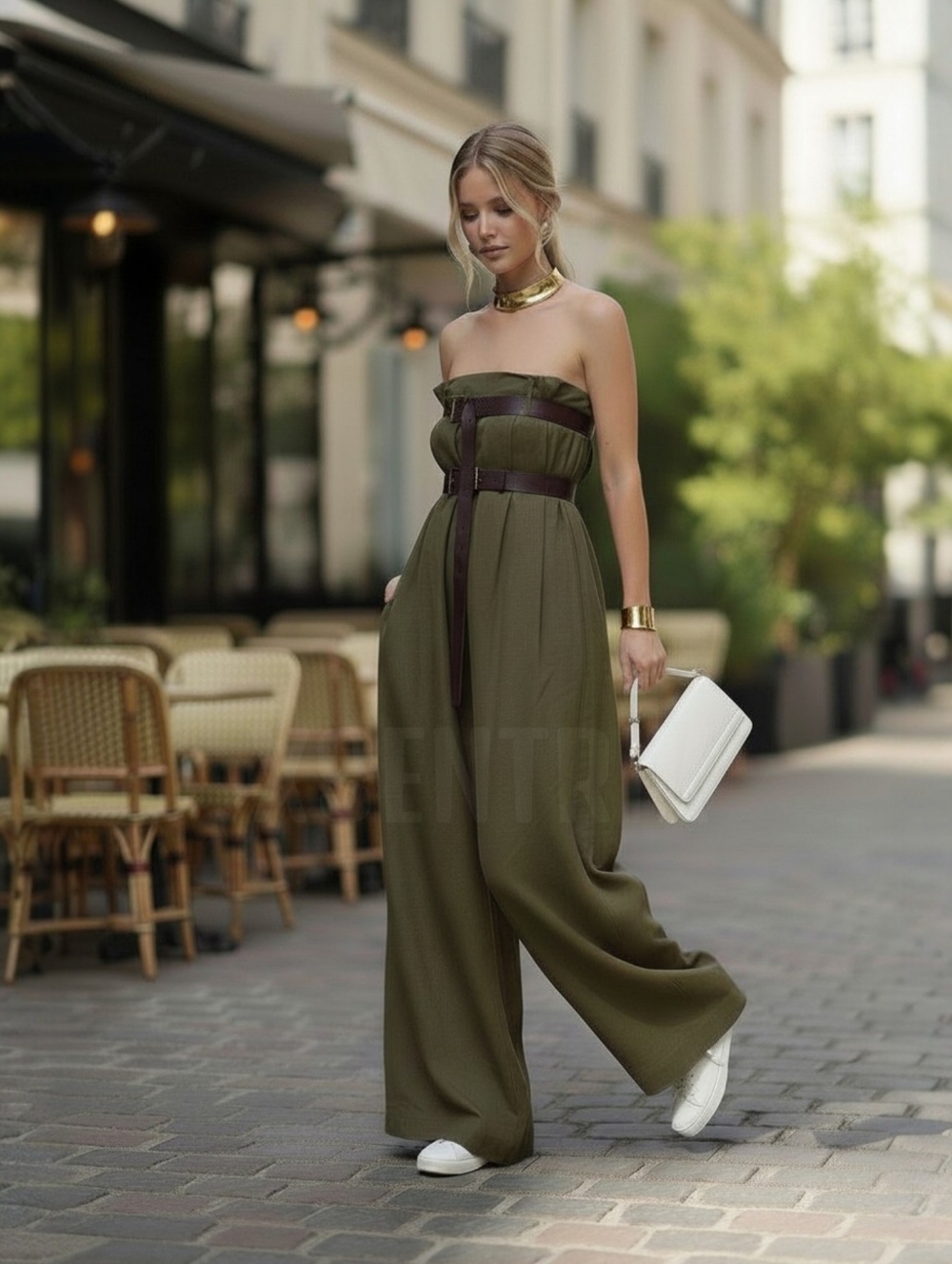 Strapless Wide-Leg Jumpsuit w/ Cinching Accents ▪︎ Curvy ▪︎ Olive ▪︎ XXL - Picture 6 of 15